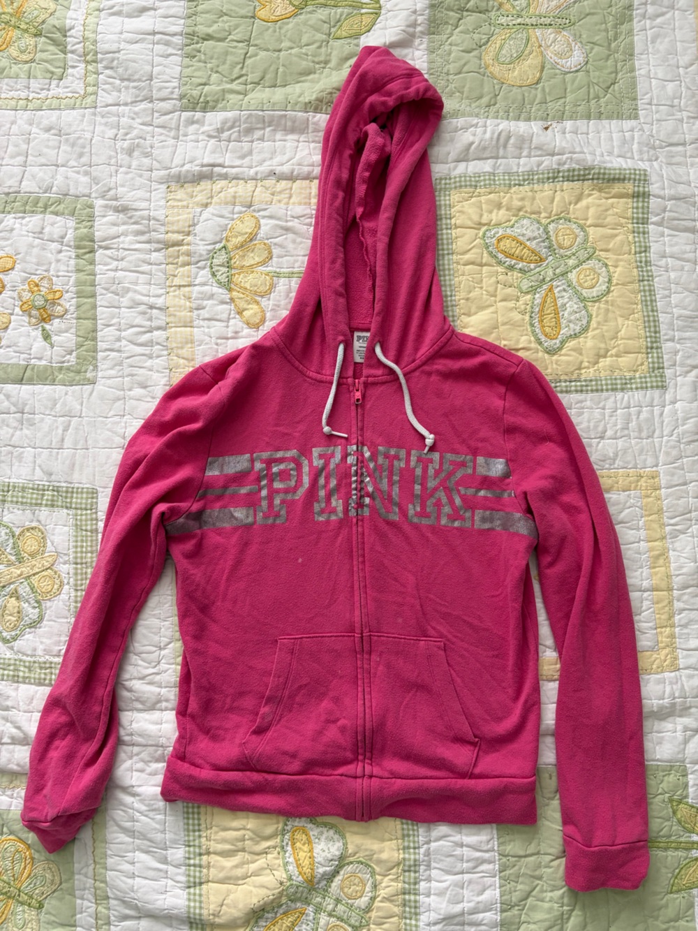 PINK Fuchsia Zip-Up Hoodie with Metallic Logo